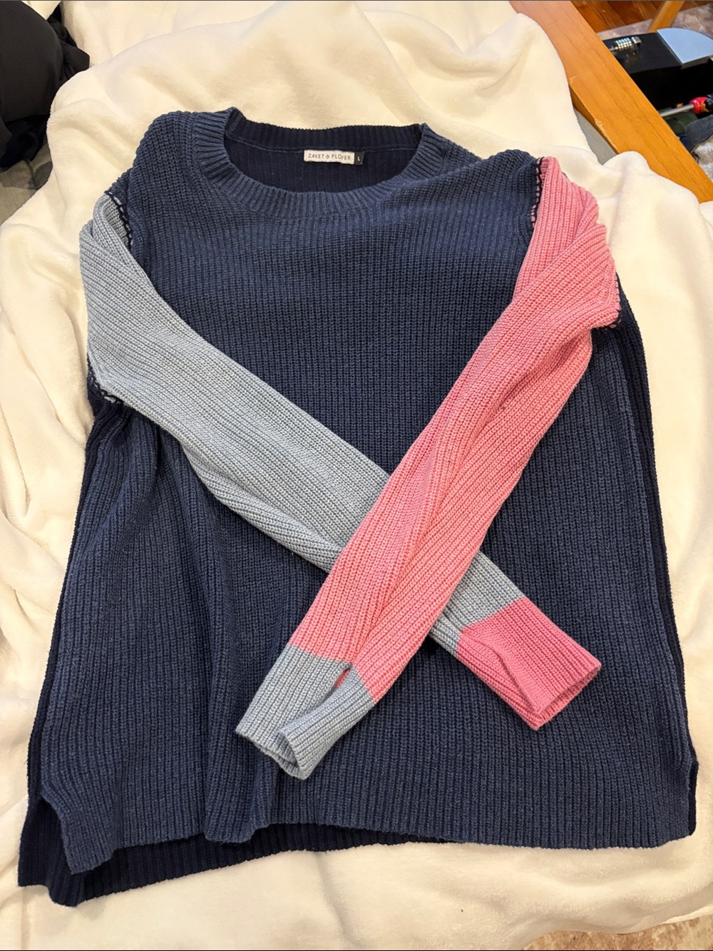 Colorblock Crewneck Sweater - Navy with Pink & Light Gray Sleeves